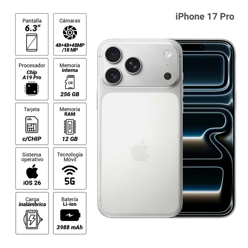 Celular Apple iPhone 17 Pro Max 5G con 256GB, 12GB RAM, plateado, especificaciones