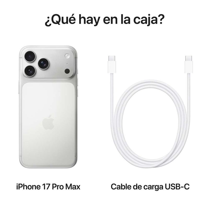 Celular Apple iPhone 17 Pro Max 5G con 256GB, 12GB RAM, plateado, especificaciones