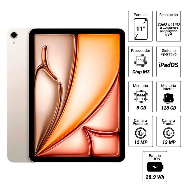 iPad Air 11" M3 Wi-Fi 128GB cámara 12MP Starlight + Pencil