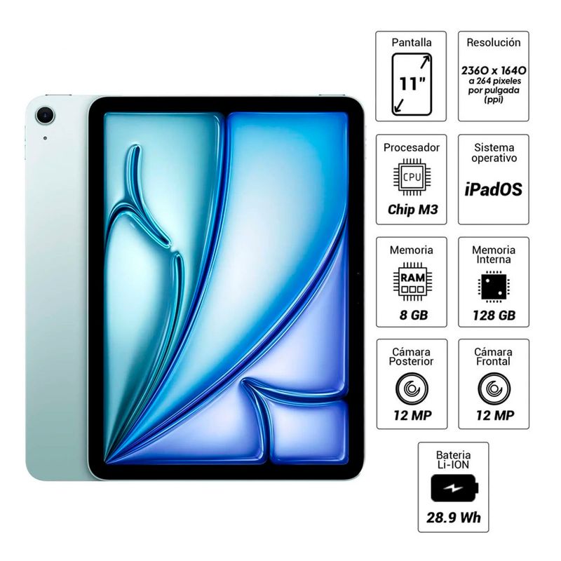 iPad Air 11” chip M3 Wi-Fi 128GB pantalla 11” + Mica Paperlike azul