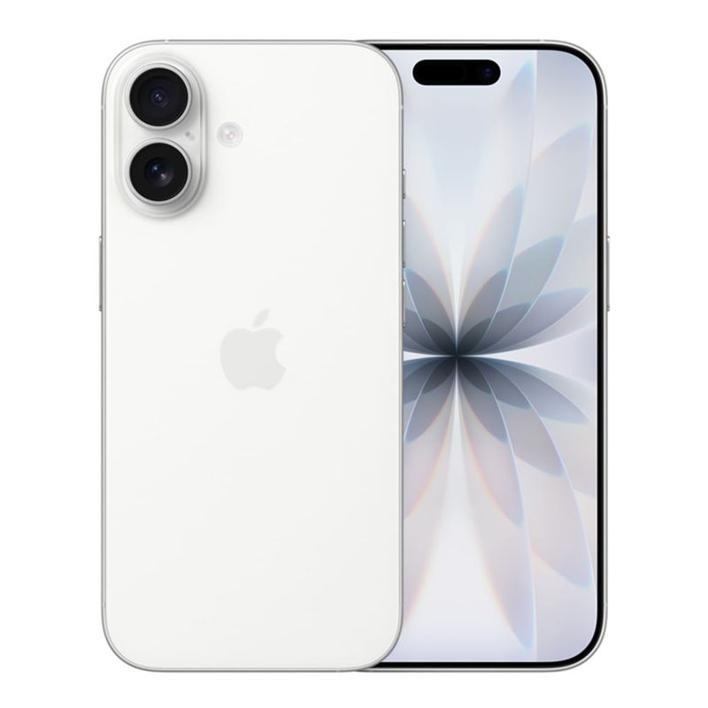 iPhone 17 5G 256GB, 8GB RAM, cámara trasera 48MP, frontal 18MP, 6.3", blanco, ángulo dorsal y frontal