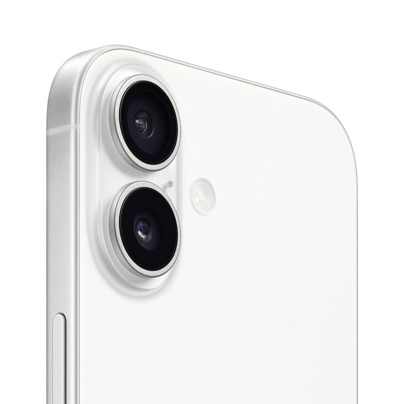 iPhone 17 5G 256GB, 8GB RAM, cámara trasera 48MP, frontal 18MP, 6.3", blanco, dorsal oblicuo primer plano