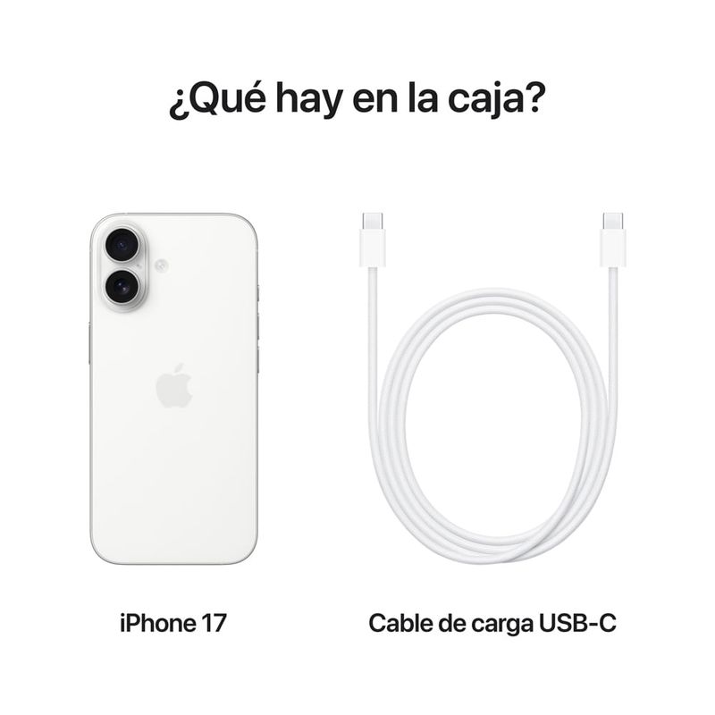 iPhone 17 5G 256GB, 8GB RAM, cámara trasera 48MP, frontal 18MP, 6.3", blanco, ángulo dorsal y cable de carga frontal