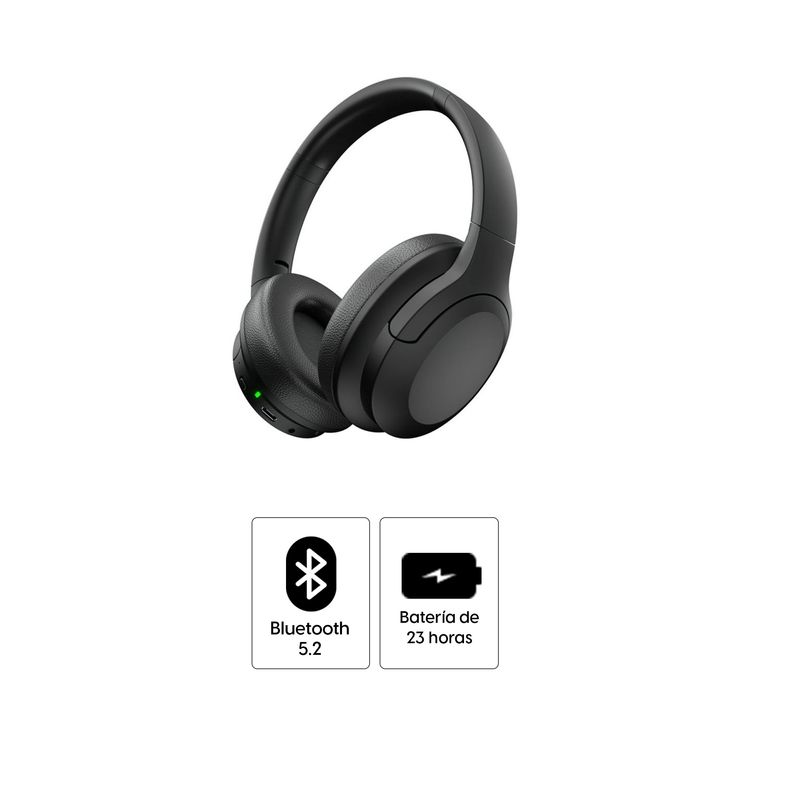 Audífonos bluetooth on ear Decibel Blackbeat Pro almohadillas acolchadas Negro Especificaciones control de música y llamadas con hasta 23 horas de autonomía