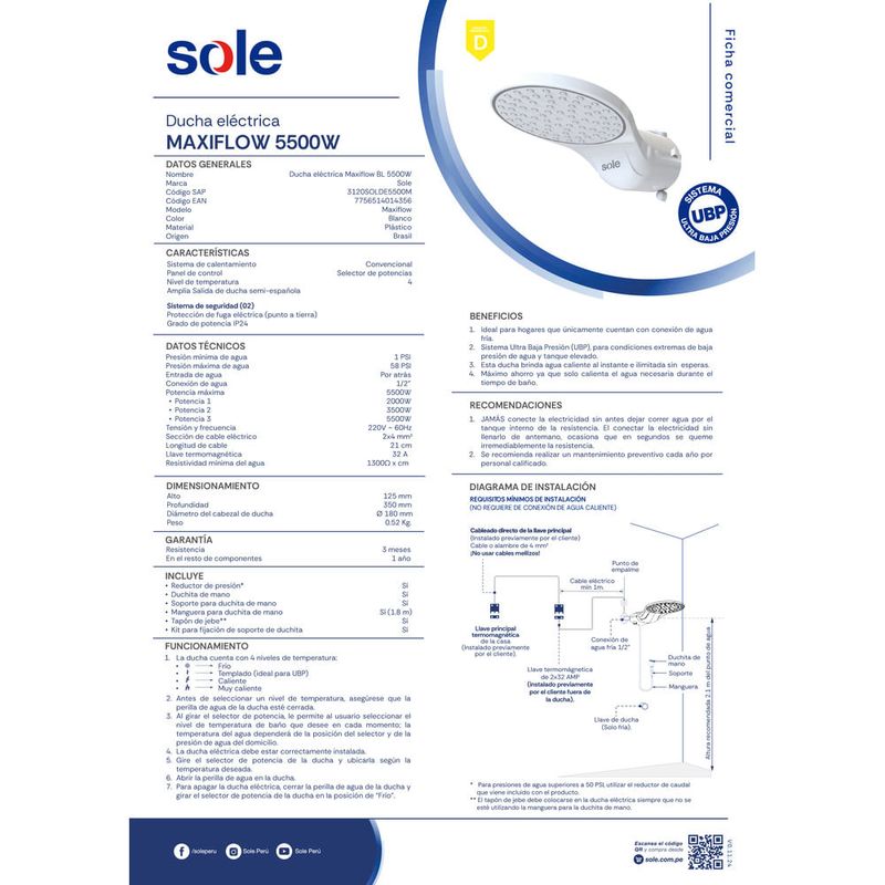 Ducha eléctrica Sole Maxiflow BL 5500W blanco