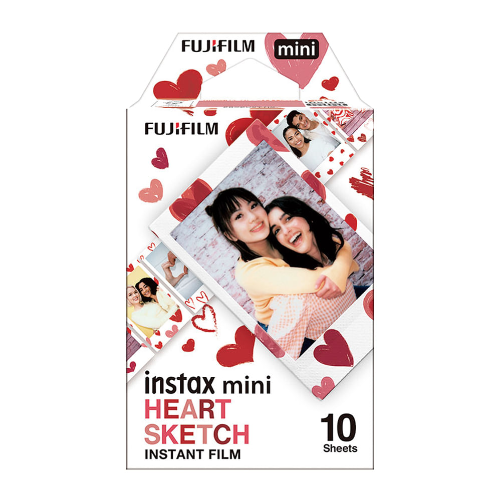 Película Fujifilm Instax Mini Heart Sketch, 10 hojas, marcos blanco y rojo, ISO 800