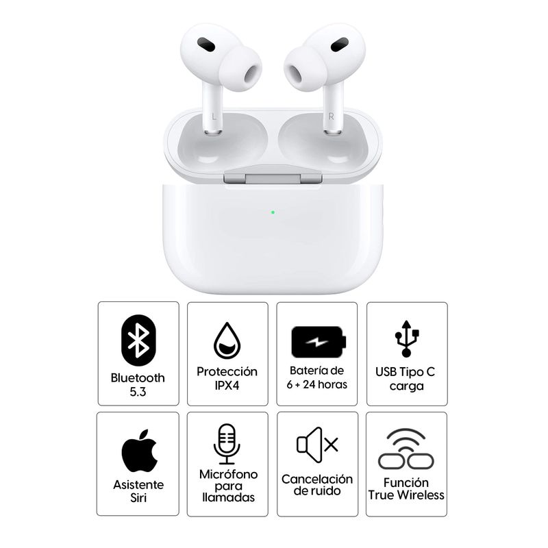 Auriculares Apple AirPods Pro 2da Gen con cancelación de ruido, resistente al agua IPX4, blanco, especificaciones