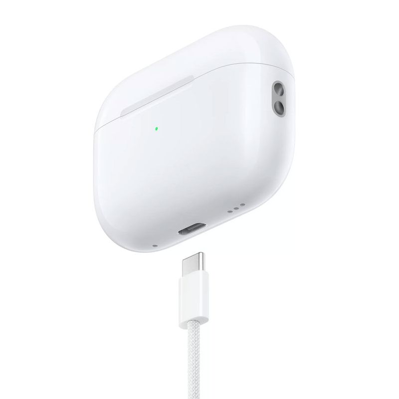 Auriculares Apple AirPods Pro 2da Gen con cancelación de ruido, resistente al agua IPX4, blanco, frontal oblicuo del estuche de carga