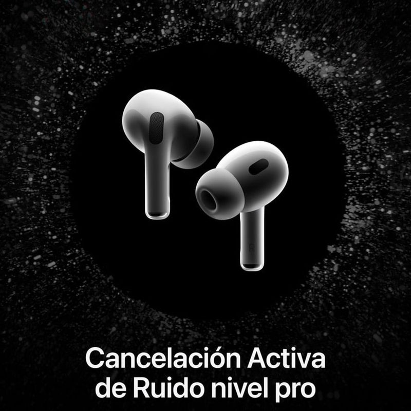 Auriculares Apple AirPods Pro 2da Gen con cancelación de ruido, resistente al agua IPX4, blanco, lateral con frase promocional