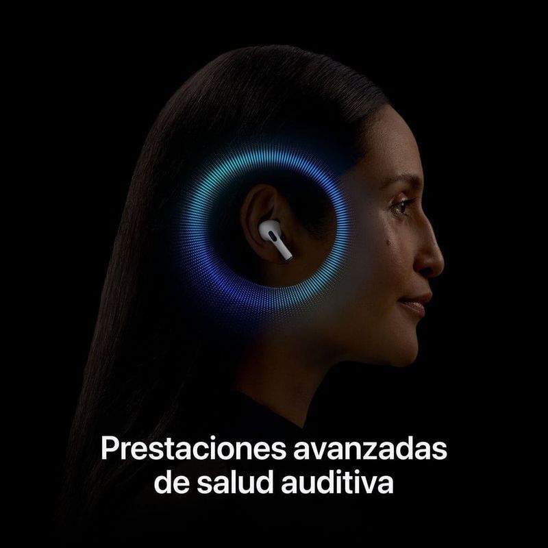 Auriculares Apple AirPods Pro 2da Gen con cancelación de ruido, resistente al agua IPX4, blanco, vista de perfil en Uso