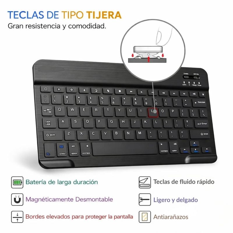 Kit inalámbrico de teclado y mouse Bluetooth, teclado ultradelgado y mouse inalámbrico recargable por USB, color negro, vista frontal-oblicuo, en gráfica informativa con detalles del producto sobre fondo blanco