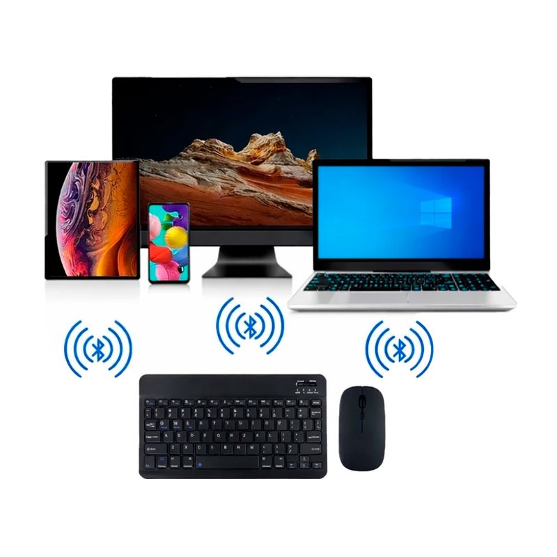 Kit inalámbrico de teclado y mouse Bluetooth, conectividad multidispositivo con teclado ultradelgado y mouse inalámbrico, color negro, vista compuesta, en gráfica demostrativa de compatibilidad con múltiples dispositivos sobre fondo blanco