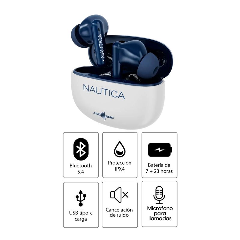 Audífonos Nautica T680 Bluetooth ANC 30h Blanco