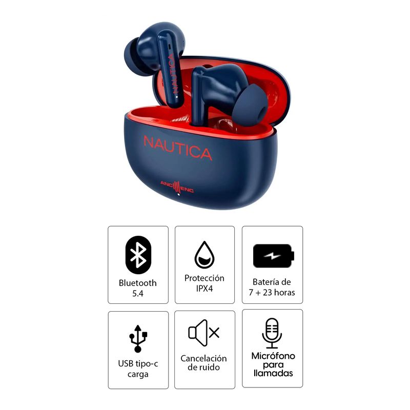Audífonos Nautica T680 Bluetooth ANC 30h Rojo