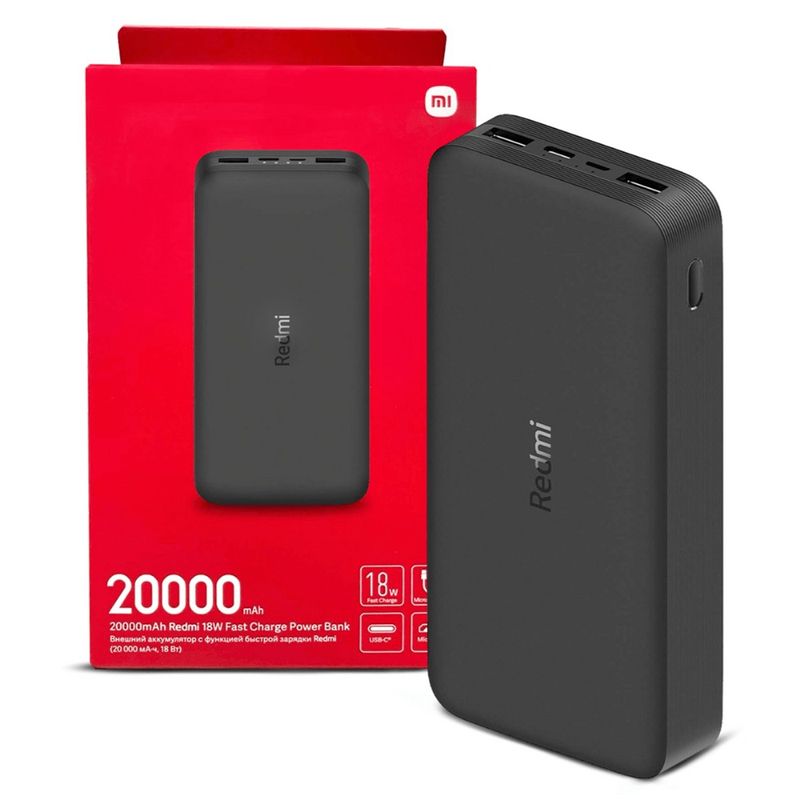 Batería externa Xiaomi Redmi 20000 mAh 18W negro vista oblicua frontal junto a su empaque de color rojo
