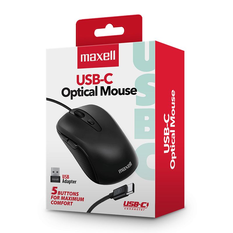 Empaque del mouse alámbrico Maxell MOWR-105C destacando conexión USB Tipo-C y sensor óptico de 1600 DPI fondo blanco con detalles rojos