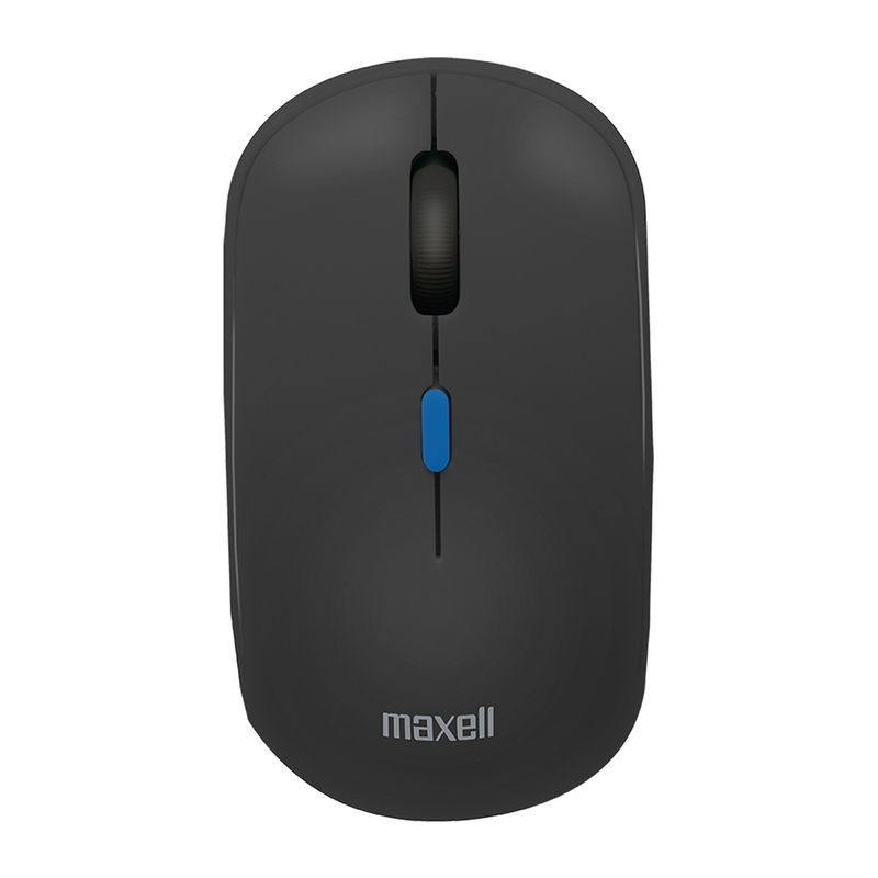 Mouse inalámbrico Maxell MOWL-200C, diseño compacto con receptor USB Tipo-C y 1600 dpi, color negro, vista dorsal, sobre fondo blanco