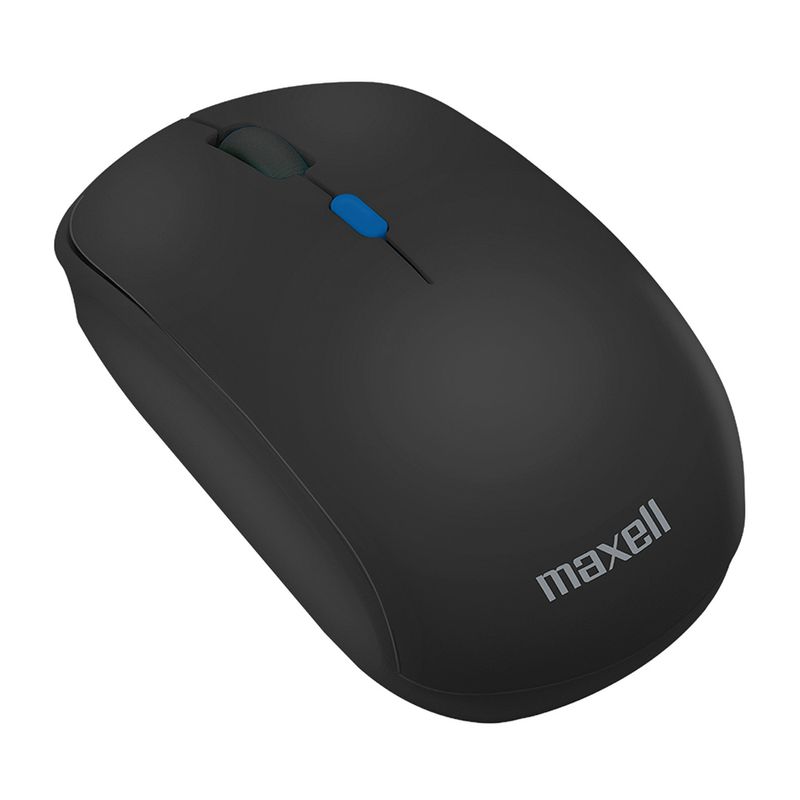 Mouse inalámbrico Maxell MOWL-200C, diseño compacto con receptor USB Tipo-C y 1600 dpi, color negro, vista dorsal-oblicuo, sobre fondo blanco