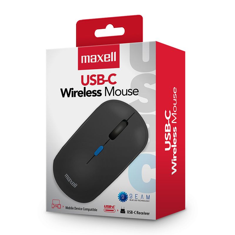 Mouse inalámbrico Maxell MOWL-200C, diseño compacto con receptor USB Tipo-C y 1600 dpi, color negro, vista frontal, en empaque sobre fondo blanco y rojo