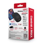 Mouse inalámbrico Maxell MOWL-200C, diseño compacto con receptor USB Tipo-C y 1600 dpi, color negro, vista posterior, en empaque sobre fondo blanco y rojo