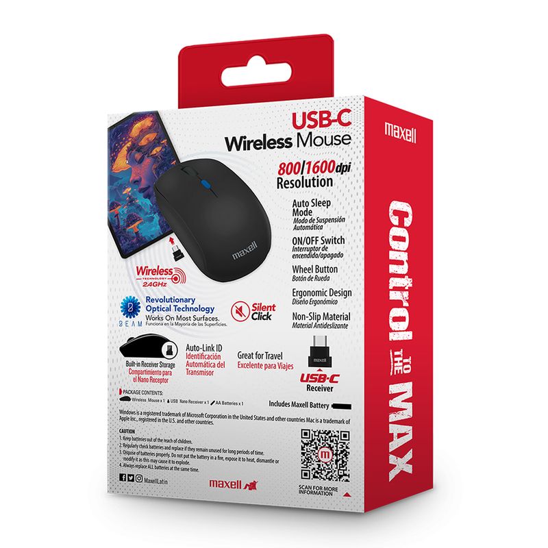 Mouse inalámbrico Maxell MOWL-200C, diseño compacto con receptor USB Tipo-C y 1600 dpi, color negro, vista posterior, en empaque sobre fondo blanco y rojo