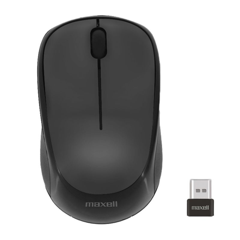 Mouse inalámbrico Maxell MOWL-CN, diseño compacto con receptor USB Tipo-C y 1200 dpi, color negro, vista dorsal, junto a dongle USB sobre fondo blanco