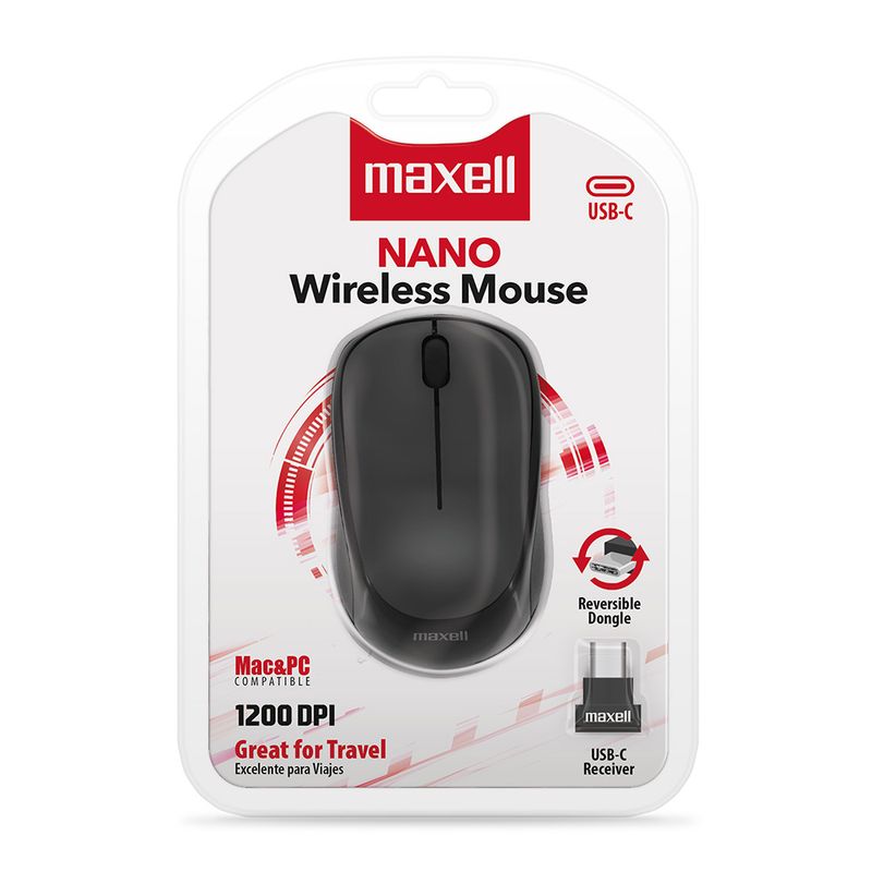 Mouse inalámbrico Maxell MOWL-CN, diseño compacto con receptor USB Tipo-C y 1200 dpi, color negro, vista frontal, en empaque sobre fondo blanco