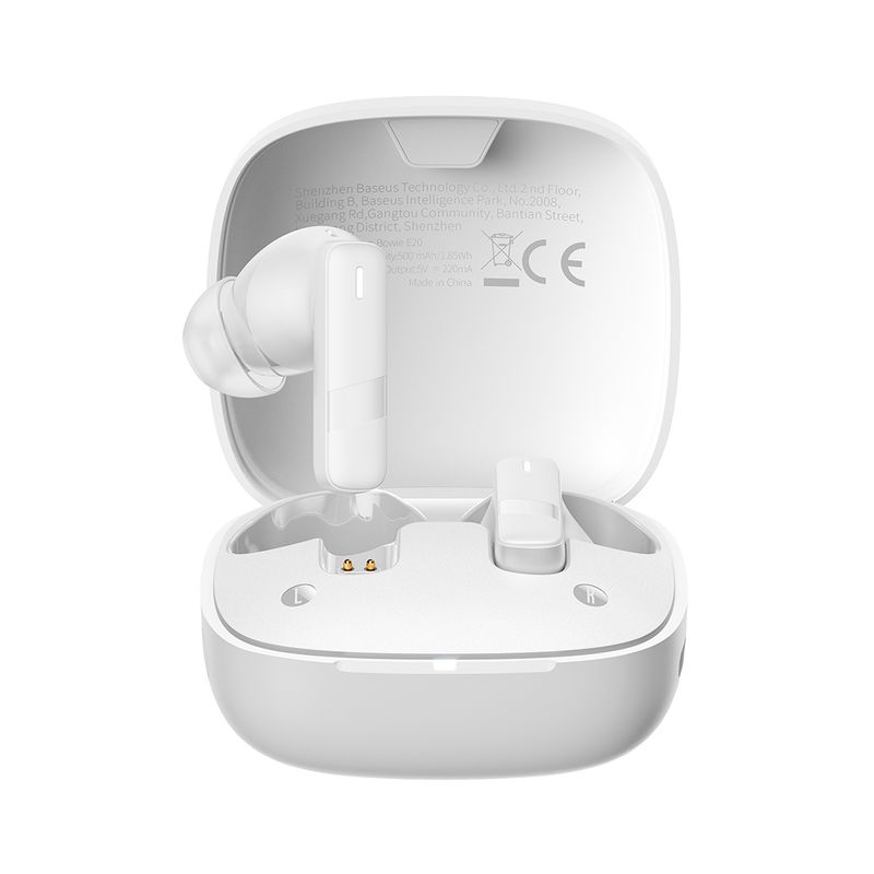 Audífonos bluetooth True Wireless Baseus Bowie E20 resistencia al agua IPX5 blanco vista frontal estuche de carga abierto