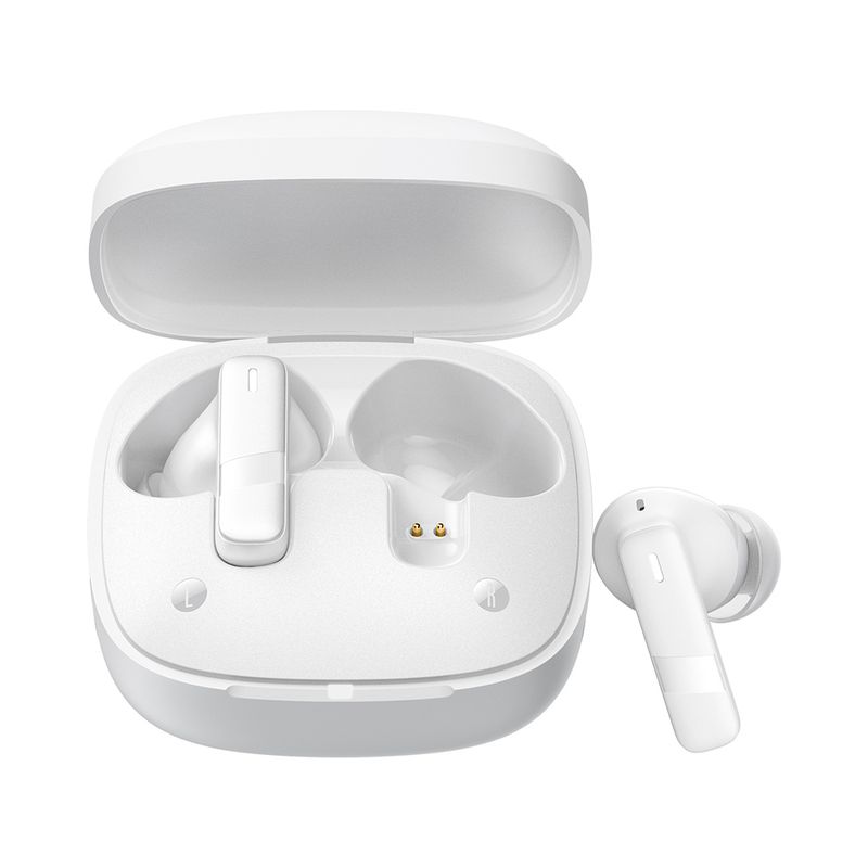 Audífonos bluetooth True Wireless Baseus Bowie E20 resistencia al agua IPX5 blanco vista frontal estuche de carga abierto con audífonos