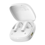 Audífonos bluetooth True Wireless Baseus Bowie E20 resistencia al agua IPX5 blanco vista perspectiva estuche de carga abierto