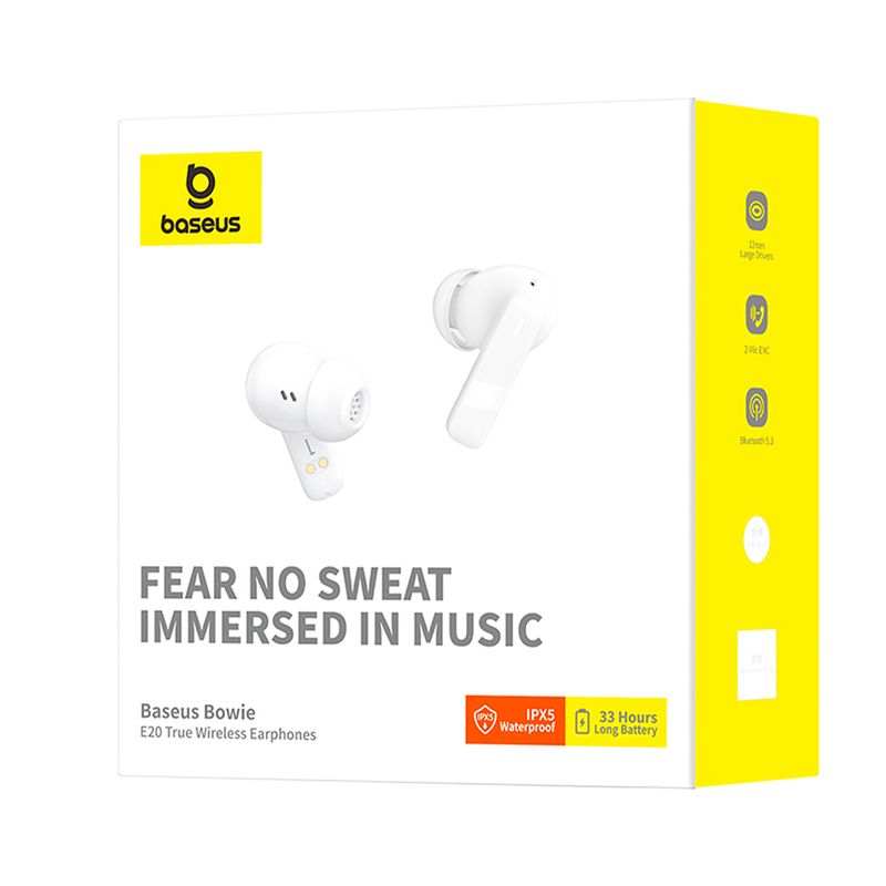 Audífonos bluetooth True Wireless Baseus Bowie E20 resistencia al agua IPX5 blanco vista frontal características destacadas