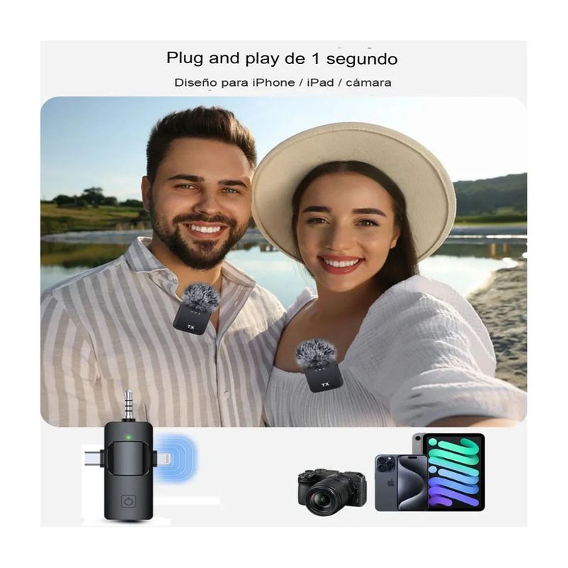 Micrófonos solaperos inalámbricos, dual, 3 en 1, F11-2, USB-C, Lightning, 3.5 mm, recargables, negro, foto en exteriores