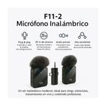 Micrófonos solaperos inalámbricos, dual, 3 en 1, F11-2, USB-C, Lightning, 3.5 mm, recargables, negro, especificaciones