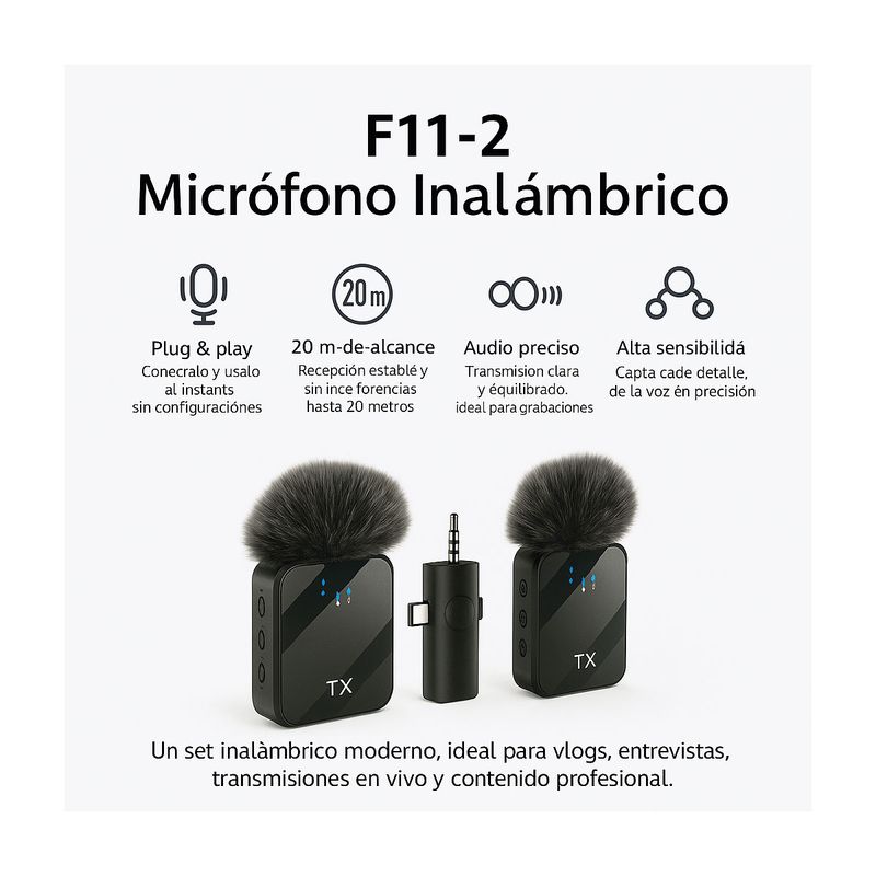 Micrófonos solaperos inalámbricos, dual, 3 en 1, F11-2, USB-C, Lightning, 3.5 mm, recargables, negro, especificaciones