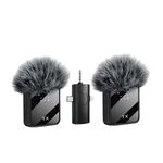 Micrófonos solaperos inalámbricos, dual, 3 en 1, F11-2, USB-C, Lightning, 3.5 mm, recargables, negro, frontal oblicuo