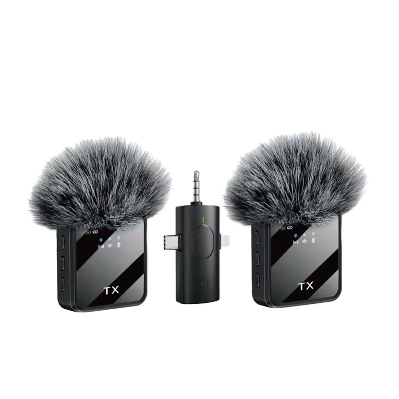 Micrófonos solaperos inalámbricos, dual, 3 en 1, F11-2, USB-C, Lightning, 3.5 mm, recargables, negro, frontal oblicuo