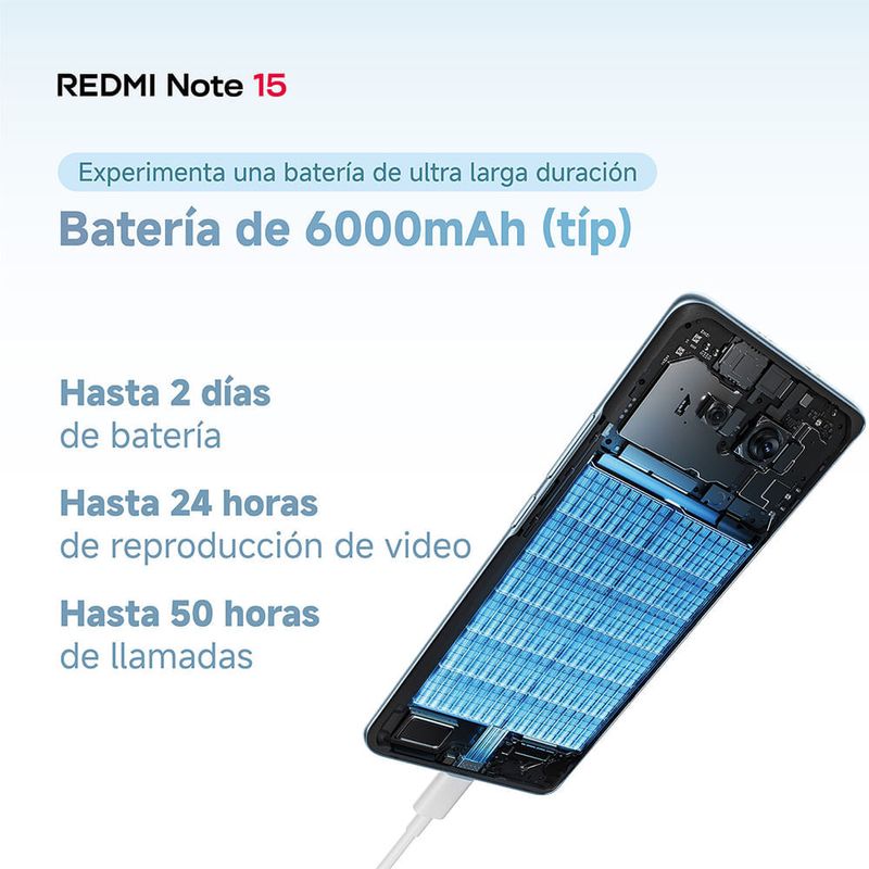 Celular Xiaomi Redmi Note 15 azul glaciar imagen promocional batería 6000mAh con carga rápida