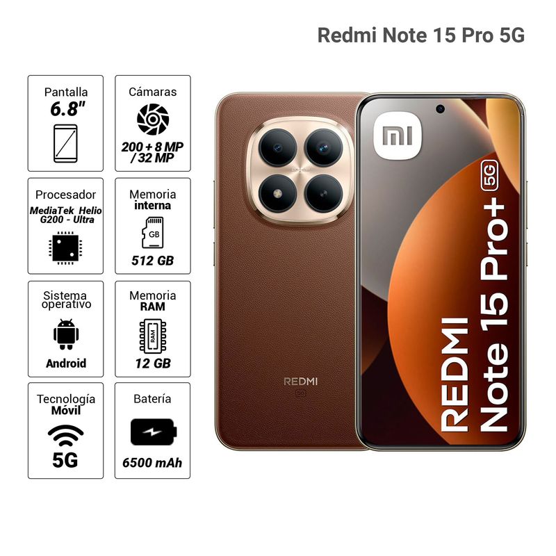 Smartphone Xiaomi Redmi Note 15 Pro+ 5G 512GB 12GB RAM cámara principal 200MP marrón frontal y posterior con indicadores de especificaciones fondo blanco