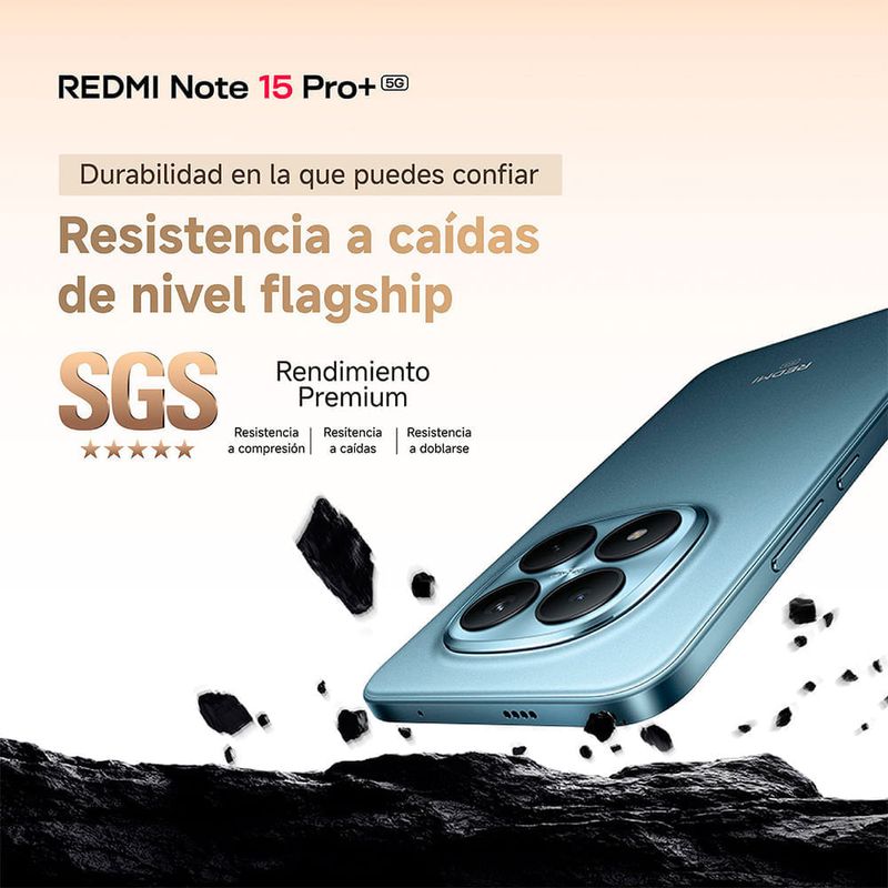 Smartphone Xiaomi Redmi Note 15 Pro+ 5G 512GB 12GB RAM con resistencia a caídas de nivel flagship verde posterior oblicua con certificación SGS fondo claro con elementos de impacto
