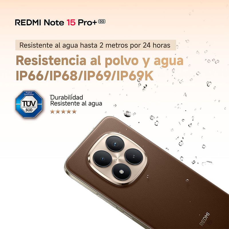 Celular Xiaomi Redmi Note 15 Pro+ azul imagen promocional certificación IP68 resistencia al agua y polvo
