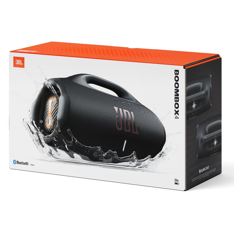Parlante JBL Boombox4 210W IP68 negro vista empaque frontal oblicua