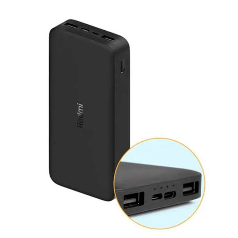 Power Bank Xiaomi Redmi 20000mAh Negro Frontal-oblicuo mostrando puertos USB-A, USB-C y Micro-USB