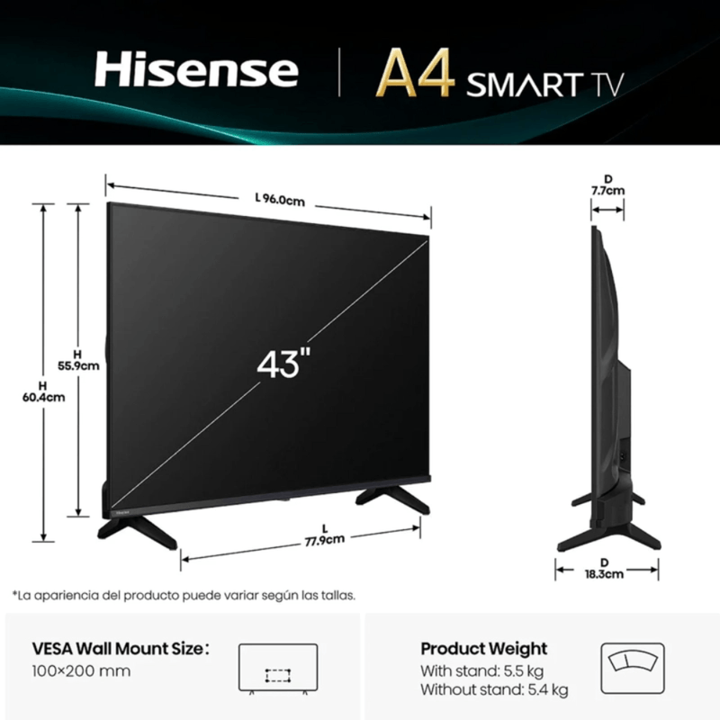 Smart TV Hisense pantalla 43” LED HD sistema VIDAA 43A4NV