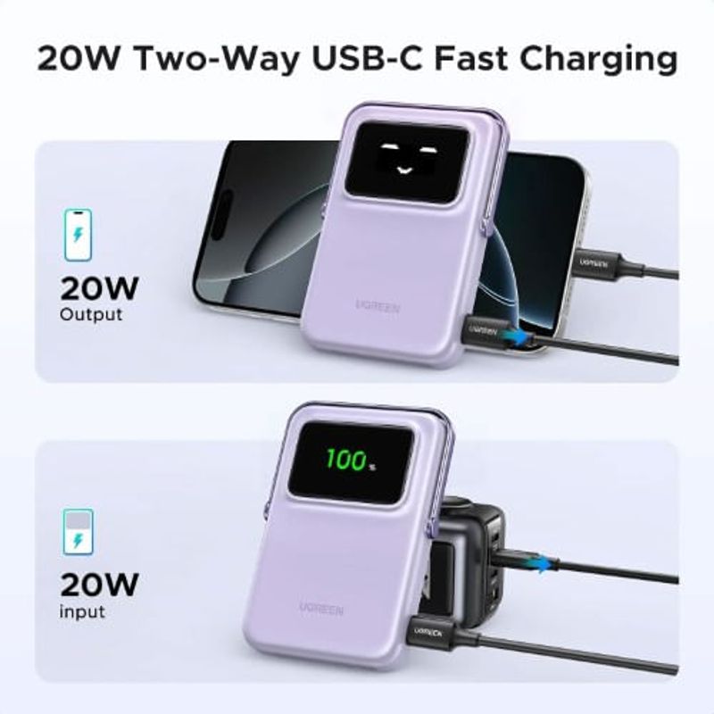 Batería externa Ugreen Uno 45328 10000 mAh Morado Especificaciones carga rápida USB-C bidireccional de 20W