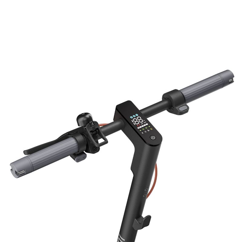 Scooter eléctrico Xiaomi 5 GL gris oscuro detalle de manubrio con pantalla LED y controles superior oblicua fondo blanco