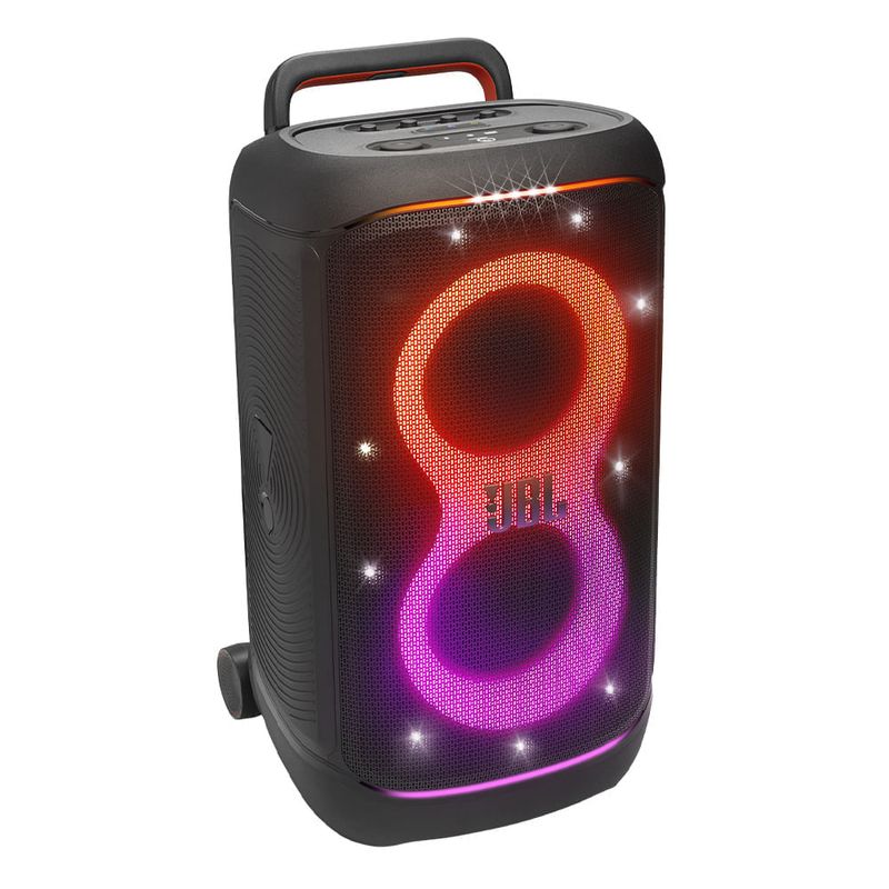 Parlante de torre Bluetooth JBL PartyBox 520 en color negro, destacando su espectacular sistema de iluminación dinámica frontal en forma de ocho y luces estroboscópicas laterales, diseñado para crear una atmósfera de fiesta vibrante, mostrado en vista de tres cuartos fondo blanco