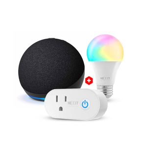 Combo: Parlante inteligente Amazon Echo Dot 5ta gen + Enchufe inteligente Nexxt Nhp-S611m + Foco inteligente Nexxt led multicolor 9W