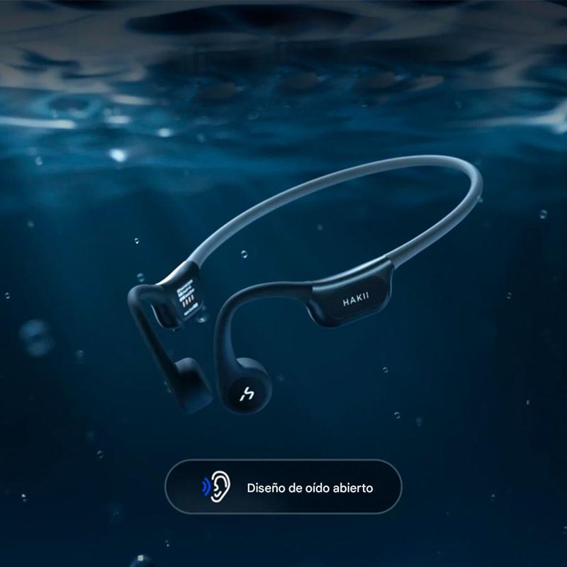 Audífonos bluetooth conducción ósea Hakii Survin funciones MP3 Negro Especificaciones resistencia al agua IP68 para uso en actividades acuáticas