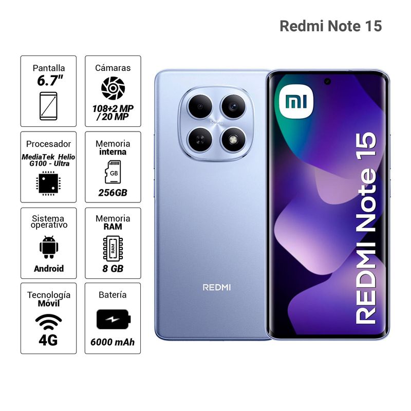 Celular Xiaomi Redmi Note 15 morado imagen informativa especificaciones principales del dispositivo
