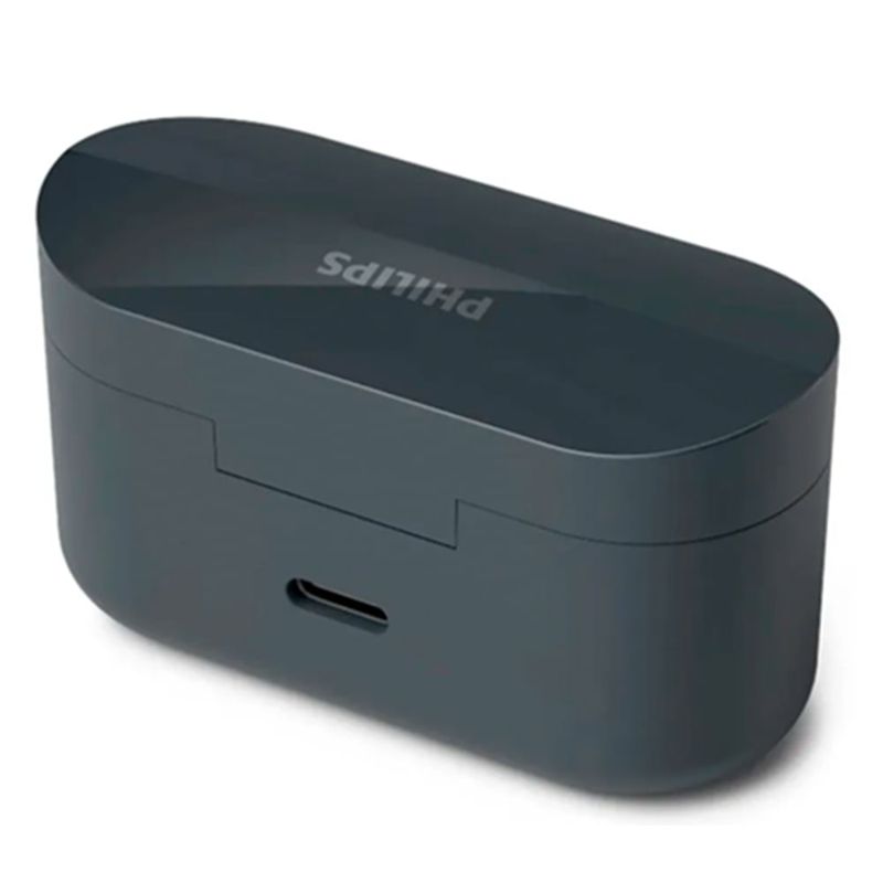 Audífonos Philips TAT3508 con cancelación de ruido y estuche negro vista dorsal oblicua